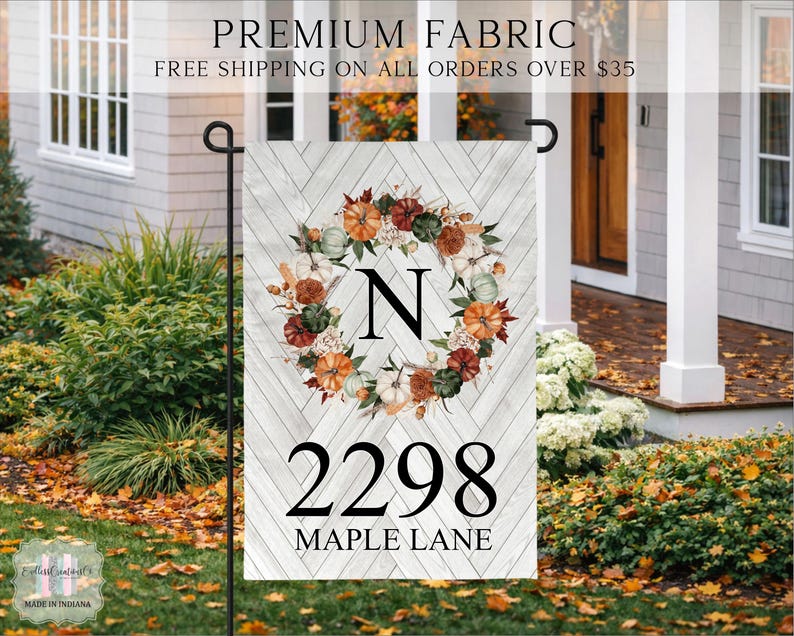 Address Fall Flag, House Number Flag, Welcome Address Flag, Housewarming Gift, Fall Welcome Flag, Address Porch Flag image 1