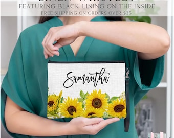 Personalized Sunflower Wristlet, Sunflower Makeup Bag, Sunflower Gift Ideas For Her, Flower Purse, Sunflower Lover Gift, Sunflower Bag