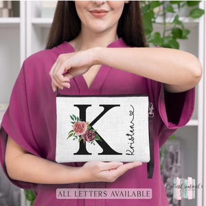 Floral Initial Cosmetic Bag, Personalized Floral Makeup Bag, Initial Cosmetic Bag, Custom Make Up Bag, Personalized Cosmetic Bag, Floral Bag