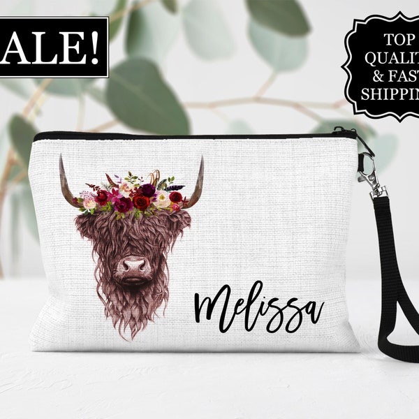 Personalized Highland Cow Cosmetic Bag, Personalized Flower Cow Makeup Bag, Cow Lover Gifts, Farm Animal Zipper Pouch, Animal Make Up Bag