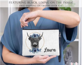 Highland Cow Cosmetic Bag, Personalized Flower Cow Makeup Bag, Cow Lover Gifts, Farm Animal Zipper Pouch, Animal Make Up Bag