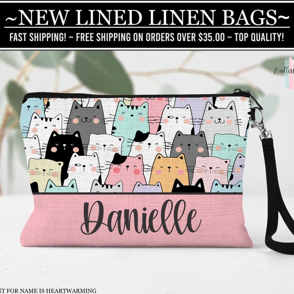 Cat Lined Linen Cosmetic Bag, Cat Makeup Bag, Cat Makeup Organizer, Toiletry Bag, Cat Zipper Pouch, Cat Lover Gift Idea, Small Travel Pouch