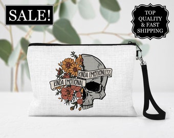 Kinda Emotional Kinda Emotionaless Cosmetic Bag, Floral Skeleton Linen Bag, Skeleton Pouch, Dead Inside Zipper Bag, Motivational Quote