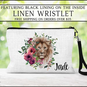 Lion Cosmetic Bag, Personalized Floral Lion Makeup Bag, Lion Makeup Organizer, Toiletry Bag, Zipper Pouch, Lion Gift Ideas, Linen Wristlet