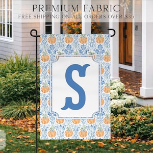 Personalized Fall Garden Flag, Custom Monogram Pumpkin Flag, Blue Chinoiserie Pumpkin Decor, Autumn Porch Decor, Housewarming Gift
