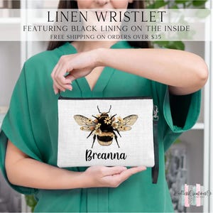 Personalized Floral Bee Wristlet, Personalized Honey Bee Makeup Bag, Bee Toiletry Bag, Custom Bee Zipper Pouch, Bee Lover Gift Ideas