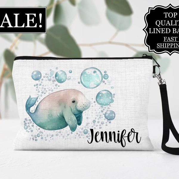 Manatee Lined Linen Cosmetic Bag, Personalized Sea Cow Makeup Bag, Manatee Lover Gifts, Custom Zipper Pouch, Manatee Make Up Bag