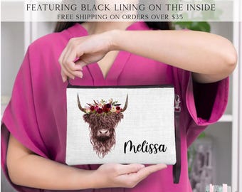 Personalized Highland Cow Wristlet, Personalized Flower Cow Makeup Bag, Cow Lover Gifts, Farm Animal Zipper Pouch, Animal Make Up Bag