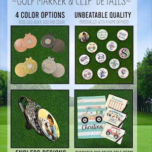 Puede incluir: Detalles del marcador y clip de golf. La imagen muestra marcadores de golf en oro rosa, negro, dorado y plateado. Tambi&eacute;n se muestran marcadores de pelota de golf personalizados con nombres y fotos. La imagen tambi&eacute;n muestra toallas de golf y mu&ntilde;equeras de lino.