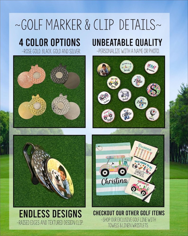 Puede incluir: Detalles del marcador y clip de golf. La imagen muestra marcadores de golf en oro rosa, negro, dorado y plateado. Tambi&eacute;n se muestran marcadores de pelota de golf personalizados con nombres y fotos. La imagen tambi&eacute;n muestra toallas de golf y mu&ntilde;equeras de lino.