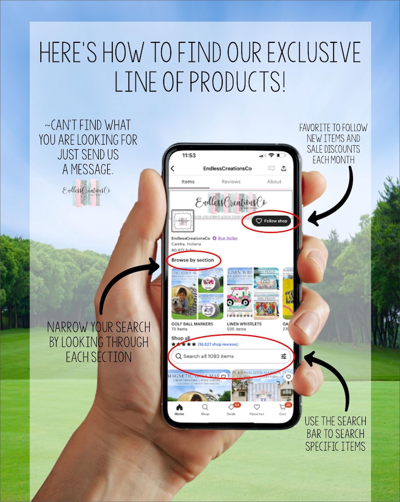 Puede incluir: Una captura de pantalla de un tel&eacute;fono inteligente muestra instrucciones sobre c&oacute;mo encontrar productos. El texto incluye "&iexcl;As&iacute; es como encontrar nuestra l&iacute;nea exclusiva de productos!" y "Explorar por secci&oacute;n". Las flechas se&ntilde;alan la barra de b&uacute;squeda y los favoritos de la tienda.