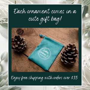 May include: A teal drawstring gift bag with the text "Endless Creations Co" sits on a wooden surface, flanked by two pinecones. The text "Each ornament comes in a cute gift bag!" is above the bag.
