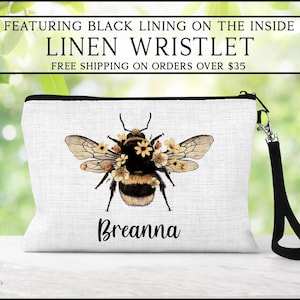 Personalized Floral Bee Wristlet, Personalized Honey Bee Makeup Bag, Bee Toiletry Bag, Custom Bee Zipper Pouch, Bee Lover Gift Ideas