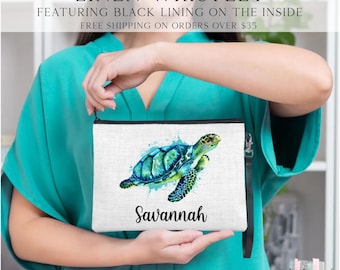 Sea Turtle Cosmetic Bag, Personalized Sea Turtle Makeup Bag, Sea Turtle Makeup Organizer, Toiletry Bag, Zipper Pouch, Sea Turtle Gift