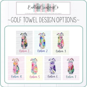 May include: Seven different golf towel designs featuring a golf bag with colorful floral patterns on a striped background. The designs are labeled "Option 1" through "Option 7".