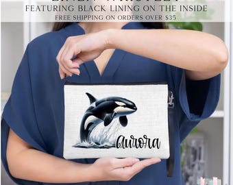 Personalized Orca Wristlet, Orca Makeup Bag, Gift For Whale Lover, Orca Toiletry Bag, Custom Killer Whale Zipper Pouch, Orca Linen Bag