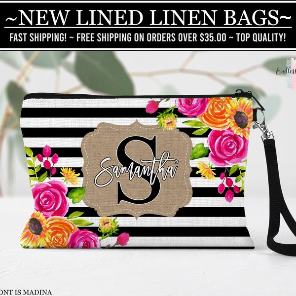 Summer Floral Linen Linen Bag, Personalized Cosmetic Bag, Summer Make Up Bag, Gifts For Her, Flower Cosmetic Bag, Summer Wedding Bag