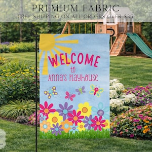 Girls Butterfly Playhouse Flag, Kids Tree House Flag, Kids Fort Flag, Kids Personalized Flag, Girl Outdoor Flag, Yard Decor, Clubhouse Decor