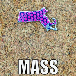 Könnte beinhalten: Eine Anstecknadel in Form des Bundesstaates Massachusetts mit silberner Umrandung. Das Innere zeigt ein Muster aus rosa Donuts auf dunkelblauem Hintergrund. Das Wort "MASS" ist darunter in weißen, fetten Buchstaben gedruckt.
