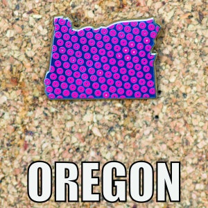 May include: A gold-coloured pin shaped like the state of Oregon with a pink and blue donut pattern. The word "OREGON" is printed in white below the pin.