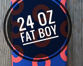 May include: Blue and red can cooler with a donut pattern. The cooler has a black circle with white text that says "24 oz Fat Boy".