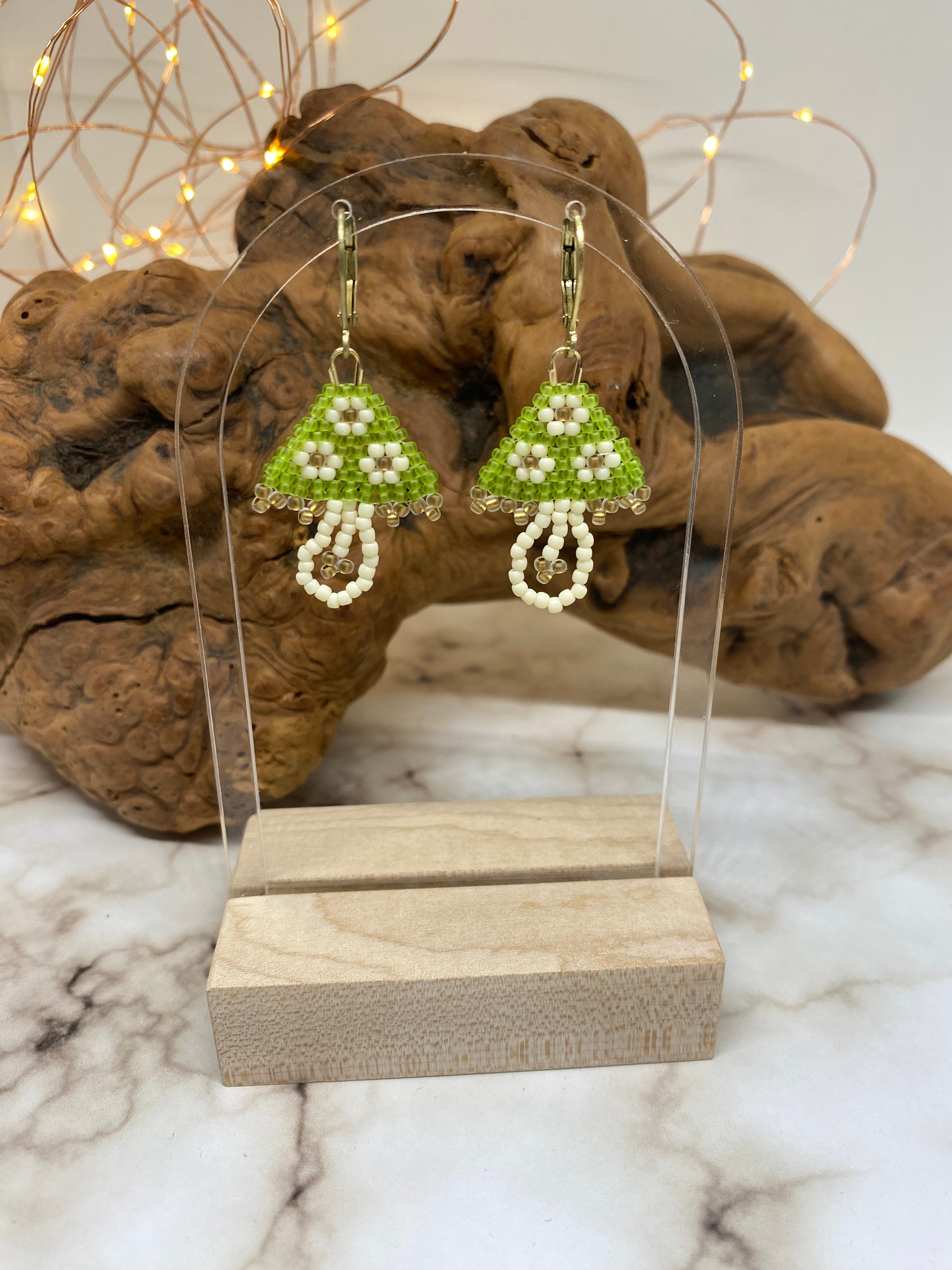 Flower Mushroom Earrings, Cottagecore Beaded Earrings, Mushroom Dangle Earrings, Earrings Made in USA, Handmade Earrings, Mushroom Earrings - Thumbnail 4