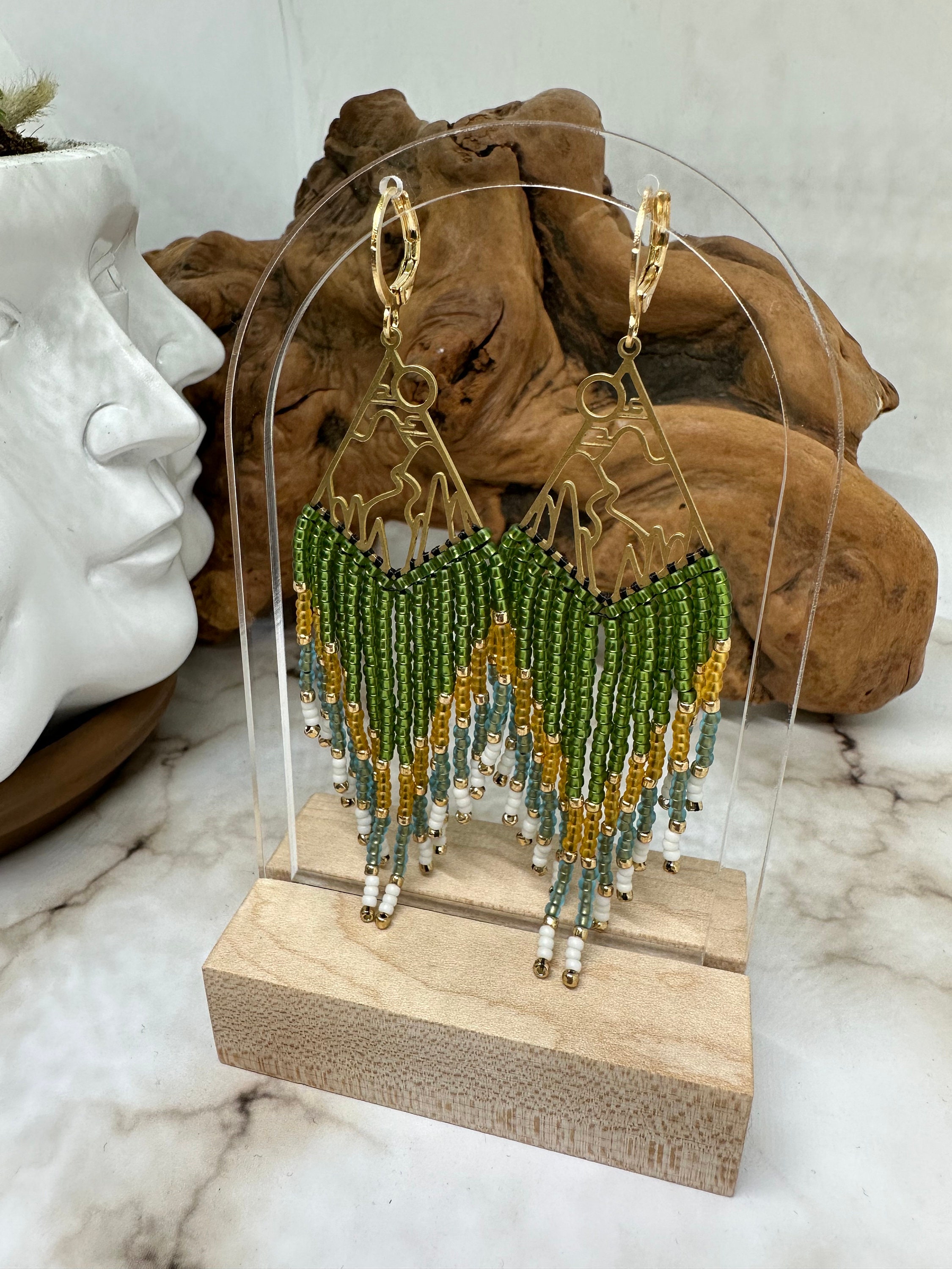 Mountain Earrings, Beaded Fringe Earrings, Cactus Motif, Ready to Ship, Seed Bead Earrings, Beaded Jewelry, Boho Jewelry, Made in USA - Thumbnail 2