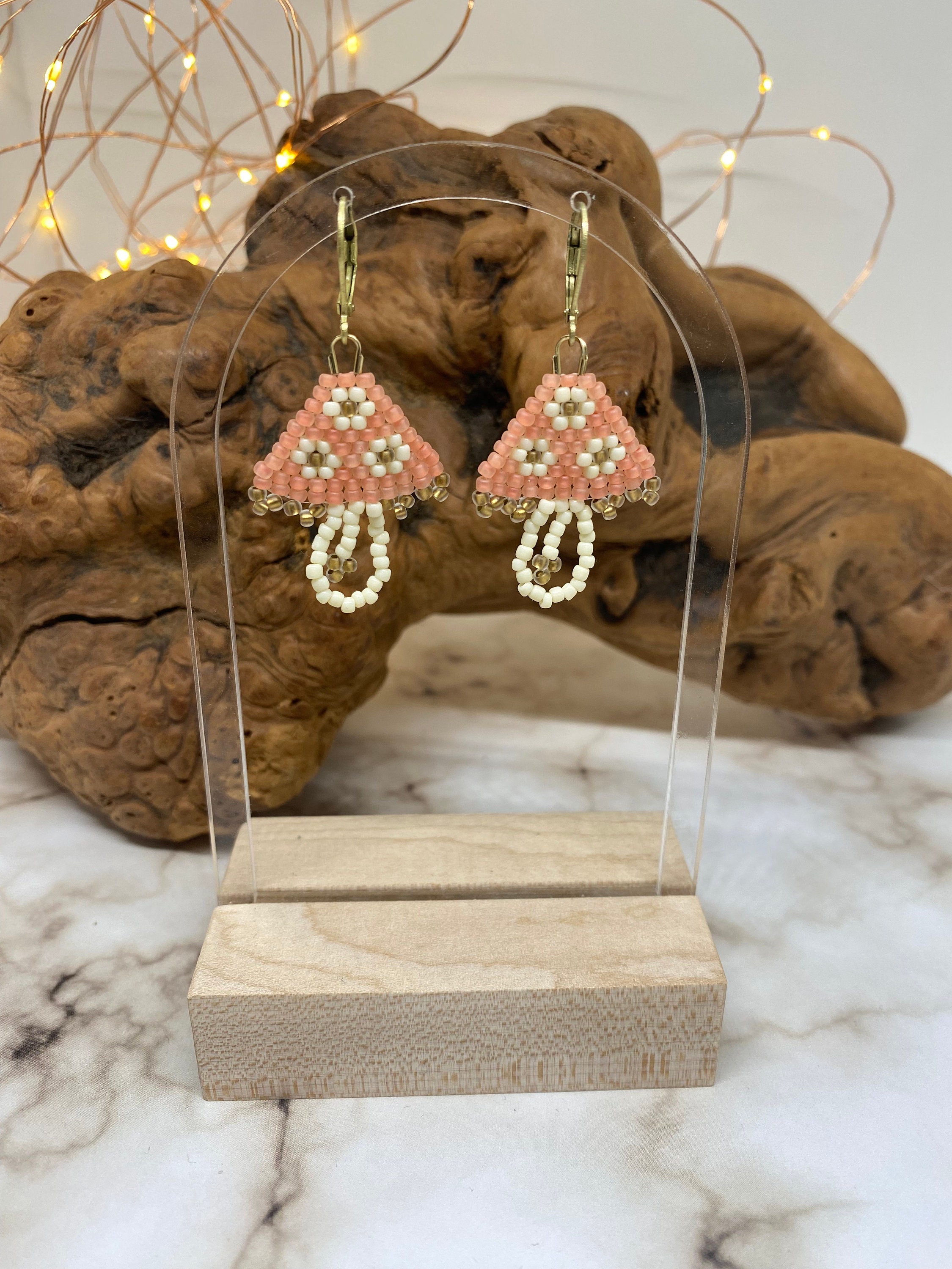 Flower Mushroom Earrings, Cottagecore Beaded Earrings, Mushroom Dangle Earrings, Earrings Made in USA, Handmade Earrings, Mushroom Earrings - Thumbnail 2