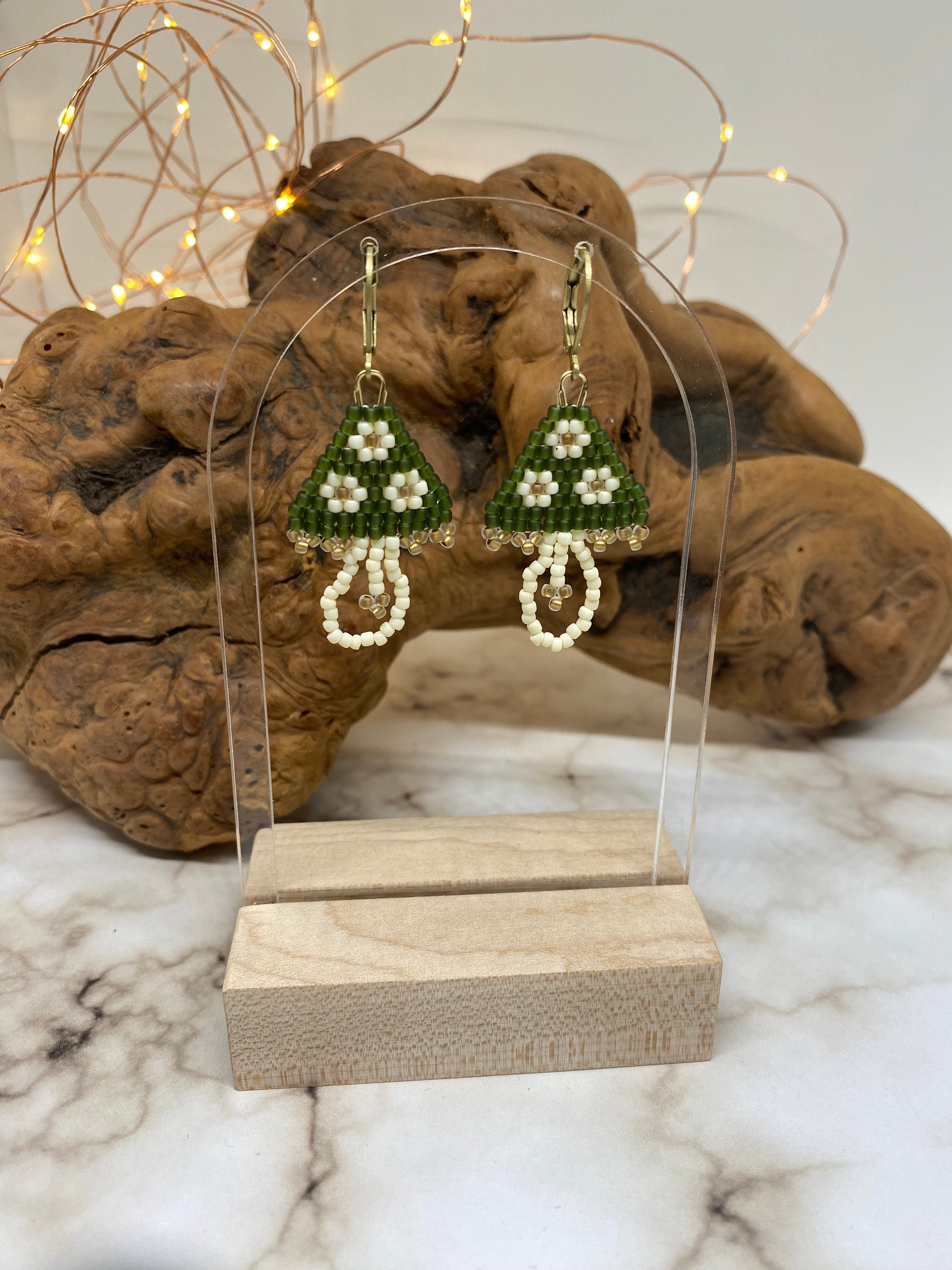 Flower Mushroom Earrings, Cottagecore Beaded Earrings, Mushroom Dangle Earrings, Earrings Made in USA, Handmade Earrings, Mushroom Earrings - Thumbnail 7