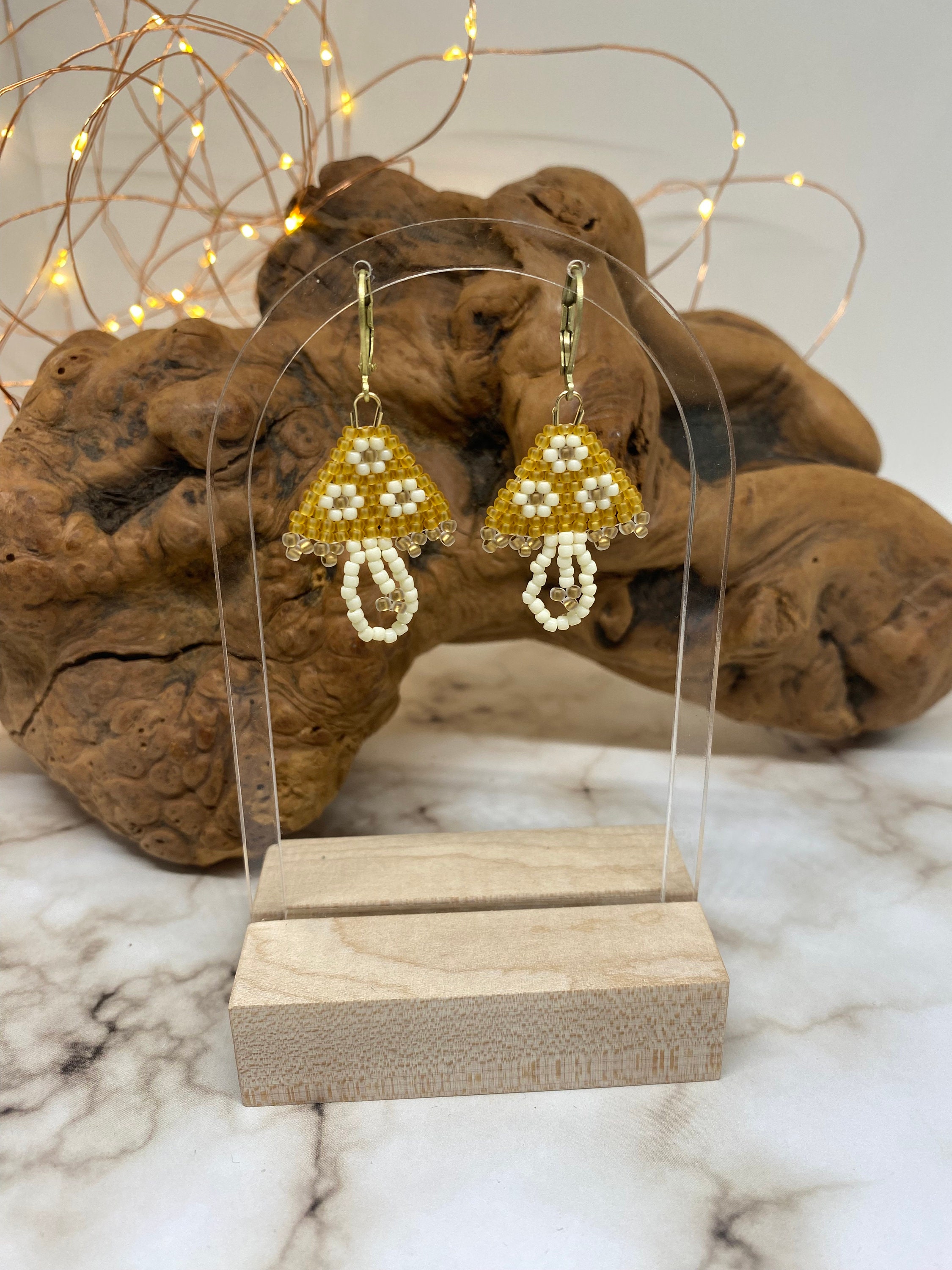 Flower Mushroom Earrings, Cottagecore Beaded Earrings, Mushroom Dangle Earrings, Earrings Made in USA, Handmade Earrings, Mushroom Earrings - Thumbnail 3