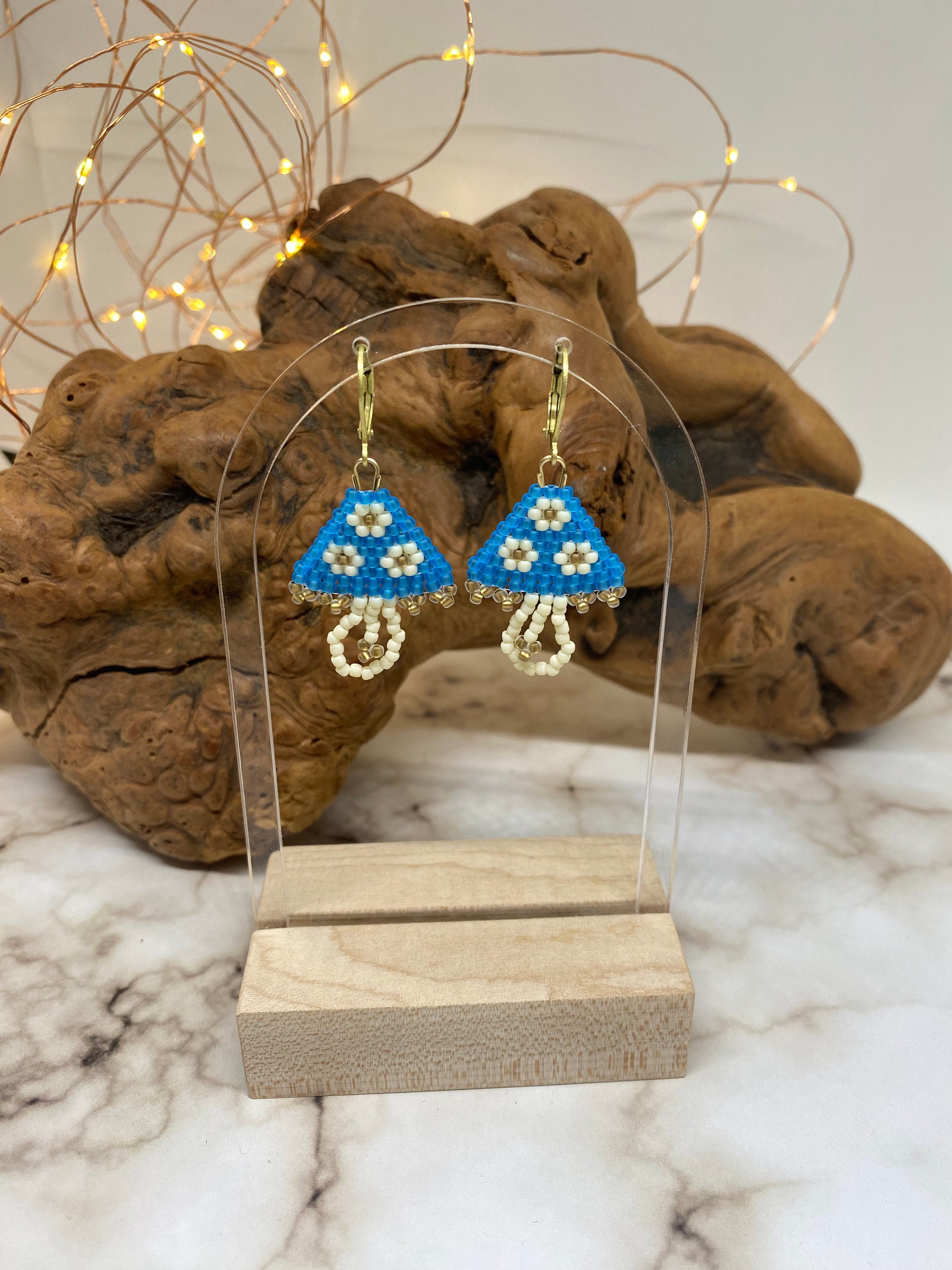 Flower Mushroom Earrings, Cottagecore Beaded Earrings, Mushroom Dangle Earrings, Earrings Made in USA, Handmade Earrings, Mushroom Earrings - Thumbnail 5