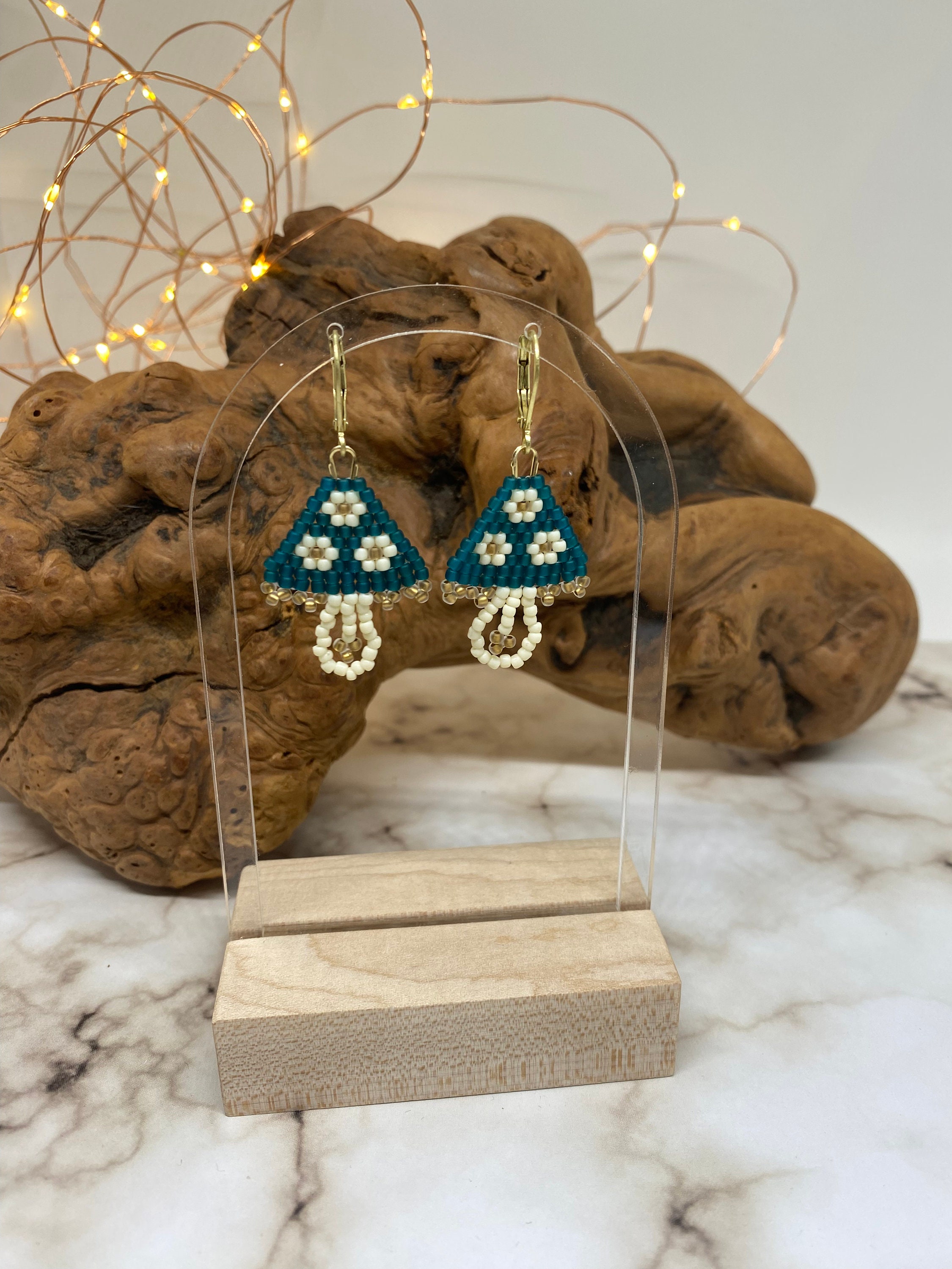 Flower Mushroom Earrings, Cottagecore Beaded Earrings, Mushroom Dangle Earrings, Earrings Made in USA, Handmade Earrings, Mushroom Earrings - Thumbnail 6