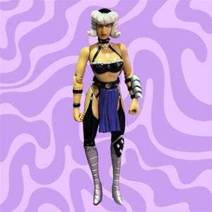May include: A female action figure wearing a black and white outfit, a purple skirt, and silver boots. She has a white wig with a black headband and a black choker necklace.