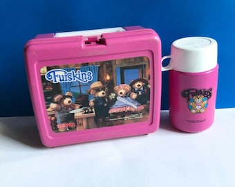 Vintage Furskins Teddy BEARS Pink Plastic Lunch BOX with THERMOS 1986 