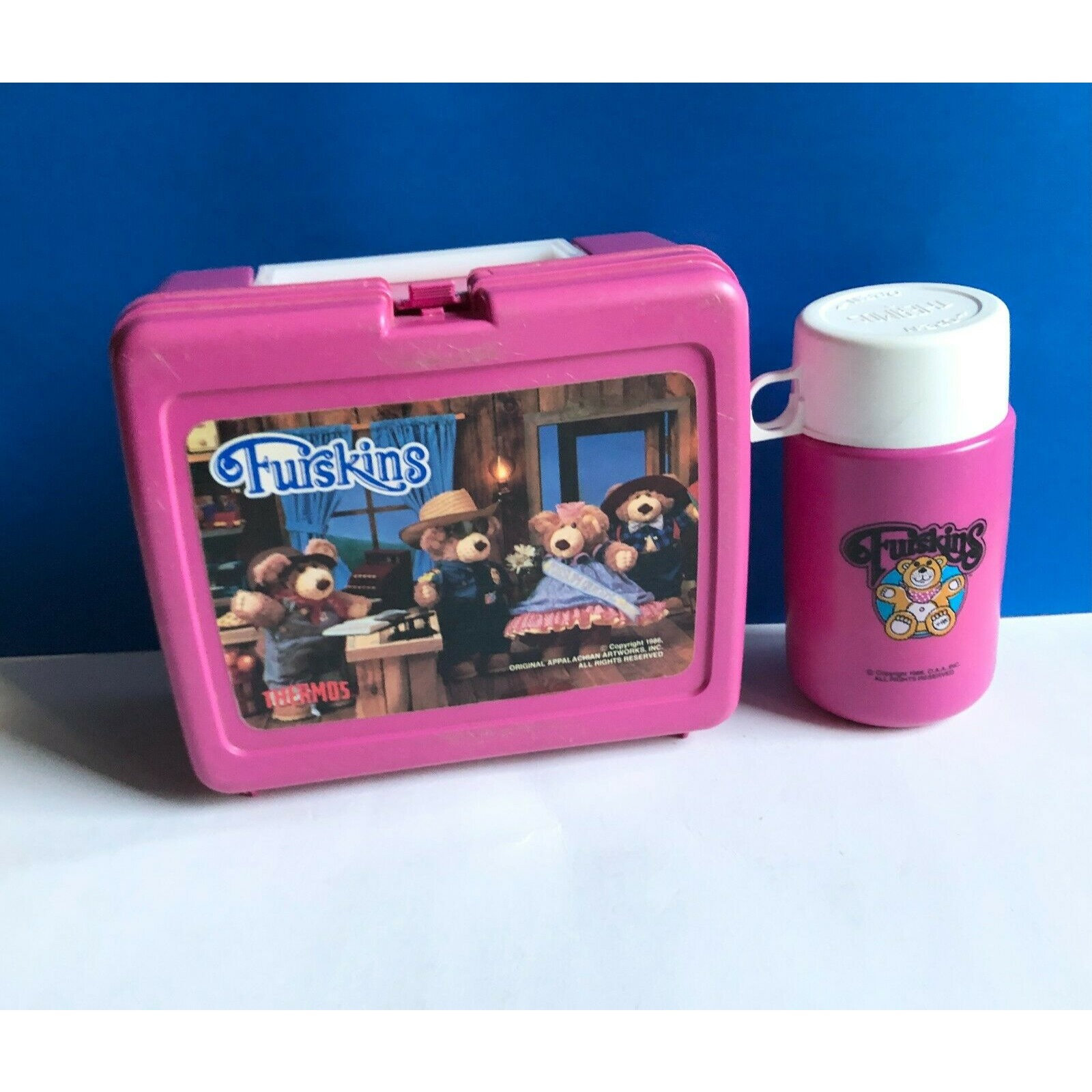 Vintage Furskins Teddy BEARS Pink Plastic Lunch BOX With THERMOS 1986 