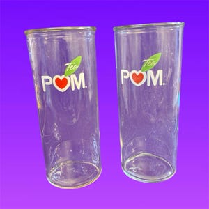Vintage Set of 2 POM Tea 16oz Clear Glasses w/ Heart & Green Leaf Logo 6.5&quot; Tall