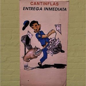 May include: A rectangular poster featuring the text CANTINFLAS ENTREGA INMEDIATA. The illustration depicts a cartoon mail carrier in a blue uniform carrying a bag of letters, with a brown bulldog pulling on the strap and a mailbox nearby.