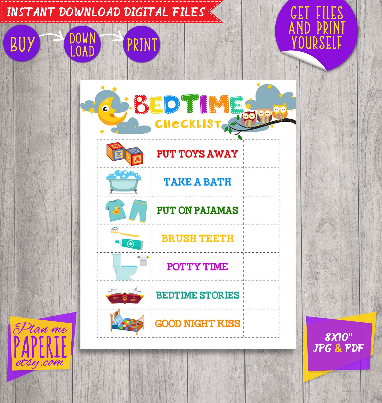 Bedtime checklist Bedtime Routine Chart Kids To Do Bedtime Etsy