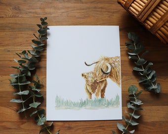 May include: Watercolor painting of a Highland cow and her calf. The mother cow is brown with long, shaggy hair and is nuzzling her calf. The calf is smaller and has a white face. The painting is set against a background of green grass.