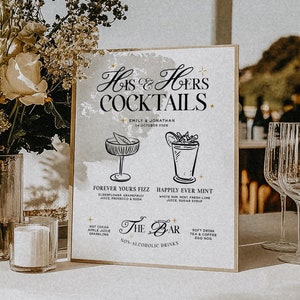 Placa de coquetel SASHA His and Hers, casamento, modelo de placa de bebida exclusiva, menu de bar de casamento editável, placa de bar de casamento personalizável, Templett