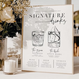 Signe de boissons signature de mariage dessiné main BRIBIE, modèle de menu de bar à cocktails imprimable, téléchargement immédiat modèle signalisation, Templett modifiable