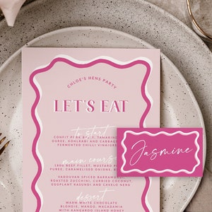 SONNY Różowe menu na wieczór panieński Pakiet kartek | Różowe menu na wieczór panieński | Wydrukowane menu na wieczór panieński | Szablon menu weselnego