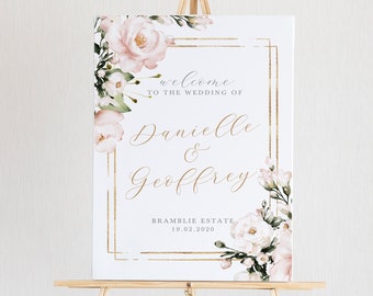 Floral Wedding Welcome Sign Template | TEMPLETT instant download | Blush & Gold Wedding Sign | CHLOE