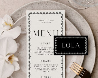 BELLA Modern Wedding Menu Placecard template, Wavy Scalloped Border Vintage Menu, Instant Download Editable Templett