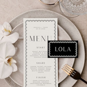Modèle de marque-place de Menu de mariage moderne BELLA, Menu vintage de bordure festonnée ondulée, téléchargement immédiat Templett modifiable