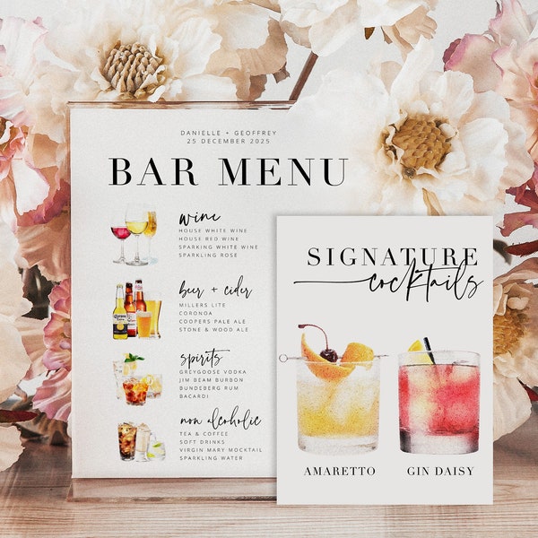 Menú de bebidas exclusivas de boda BRIBIE, plantilla de letrero de bar de cócteles apilados, menú de bebidas exclusivas imprimible, descarga instantánea de templett