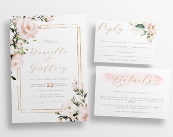 CHLOE Blush & Gold Wedding suite template, Printable wedding invite details RSVP, Floral wedding templett instant download