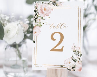 Modèle de numéro de table Blush & Gold, numéro de table de mariage imprimable, classique élégant 100 % modifiable, TÉLÉCHARGEMENT INSTANTANÉ, CHLOE