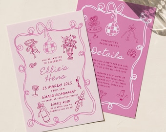 EDDIE Hand Drawn Pink Hens Invitation | Instant Download | Editable Bridal Party Icons Hens Invitation | Party Invitation templett