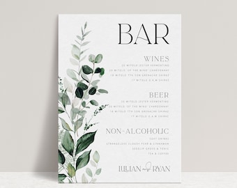 Greenery Wedding Bar Sign Template, Wedding Menu Template Download, Wedding Beverages Printable, Wedding Drinks Templett BEACHMERE